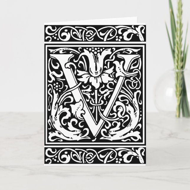 Letter V Medieval Monogram Art Nouveau Note Card (Front)