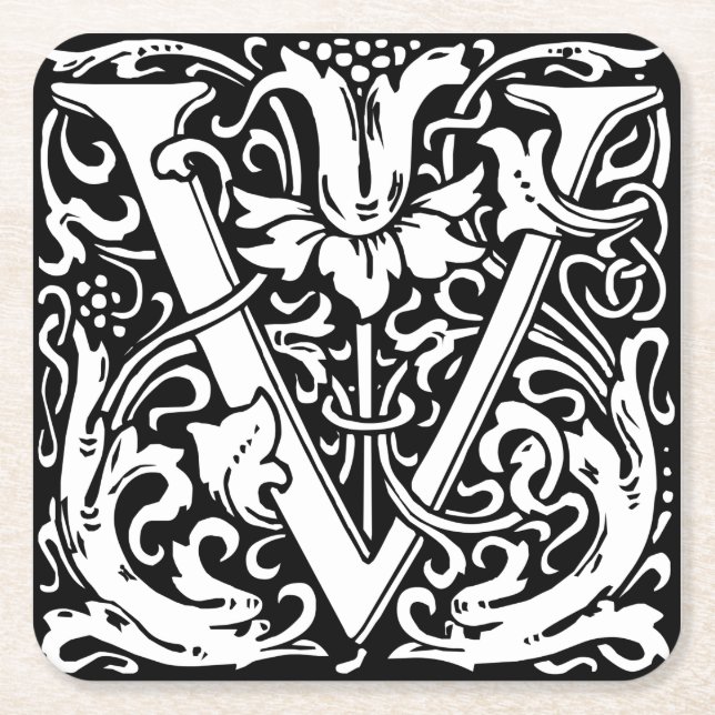 Letter V Medieval Monogram Art Nouveau Square Paper Coaster (Front)