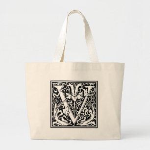 Letter V Medieval Monogram Vintage Initial Large Tote Bag