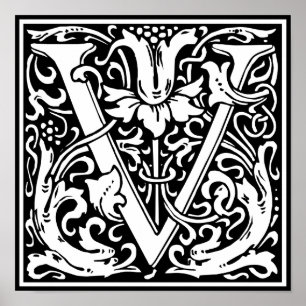 Letter V Medieval Monogram Vintage Initial Poster