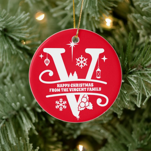 Letter V Monogram Initial Family Name Greeting  Ceramic Ornament (Tree)