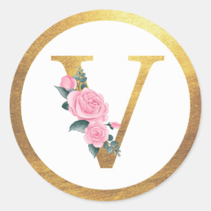 Letter V Monogram Pink Roses Floral & Elegant Gold Classic Round Sticker