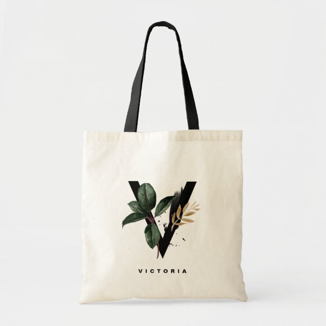 Letter V Monogram | Tropical Leaves Bridesmaid Tote Bag (Front)