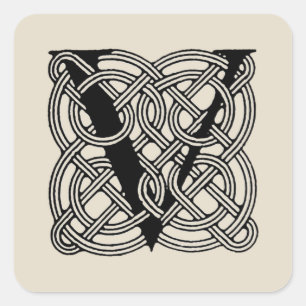 Letter V Monogram Vintage Celtic Knot Print Square Sticker