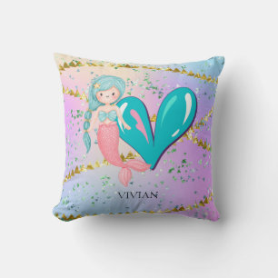 Letter V Monogram Watercolor Cute Mermaid Nursery Throw Pillow