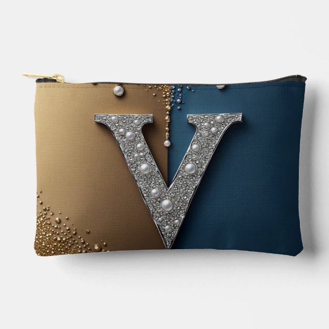 Letter V Monogram With Diamonds Pearls Accessory Pouch (Front)