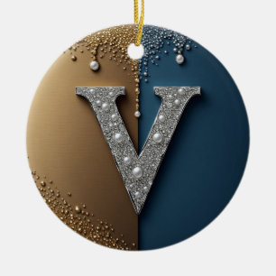 Letter V Monogram With Diamonds Pearls Ceramic Ornament