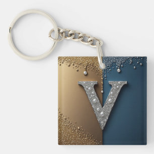 Letter V Monogram With Diamonds Pearls Keychain
