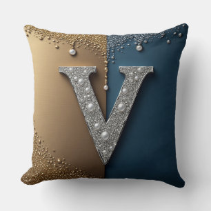Letter V Monogram With Diamonds Pearls Throw Pillow