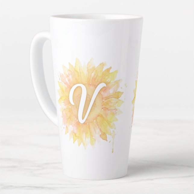 Letter V Sunflower First Name Monogram Initial  Latte Mug (Left Angle)