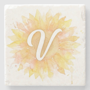 Letter V Sunflower First Name Monogram Initial  Stone Coaster