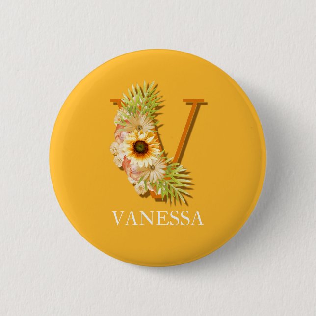 Letter V Sunflower Floral Monogram with Name 2 Inch Round Button (Front)