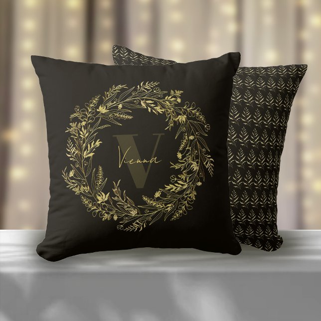 Letter V Velvet Gold Leaf Monogram Throw Pillow (Creator Uploaded)