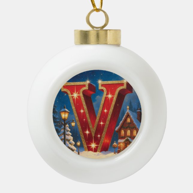 Letter V Village Personalized Monogram Holiday Ceramic Ball Christmas Ornament (Front)