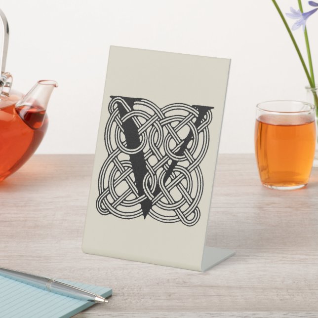 Letter V Vintage Celtic Knot Monogram Pedestal Sign (In SItu)