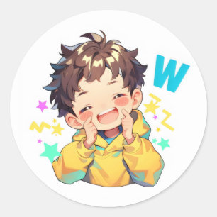 Letter W Anime Boy Happy Classic Round Sticker