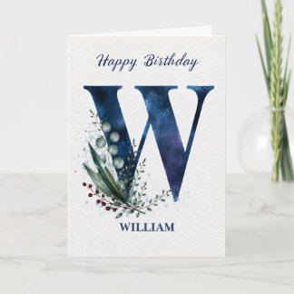 Letter W Birthday for Him Personalized Name Blue Card