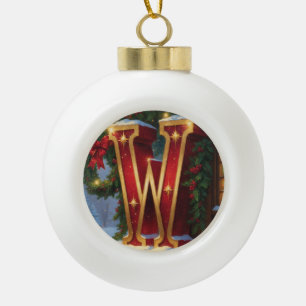 Letter W Christmas Wreath Personalized Initial Ceramic Ball Christmas Ornament