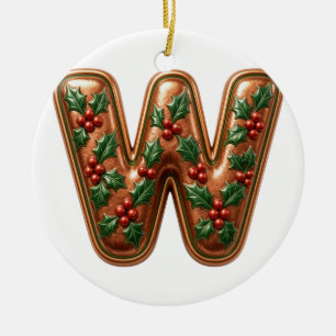 Letter W Copper Holly Christmas Monogram Ceramic Ornament