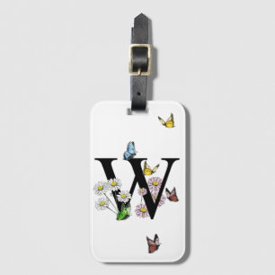Letter W Floral Butterfly Monogram Initial   Luggage Tag