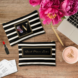 Letter W Floral Monogram Black White Gold Stripes Accessory Pouch