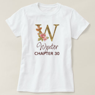 Letter W Gold Monogram Blush Pink Roses Birthday T-Shirt