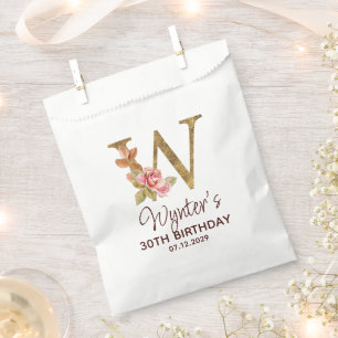 Letter W Gold Monogram Blush Pink Roses Favour Bag