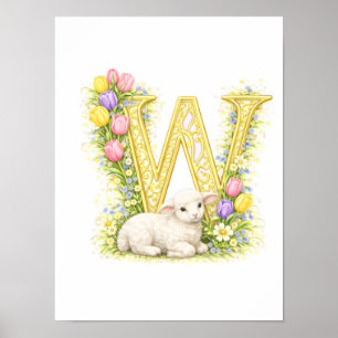 Letter W Gold Spring Nature Monogram Baby Lamb Kid Poster