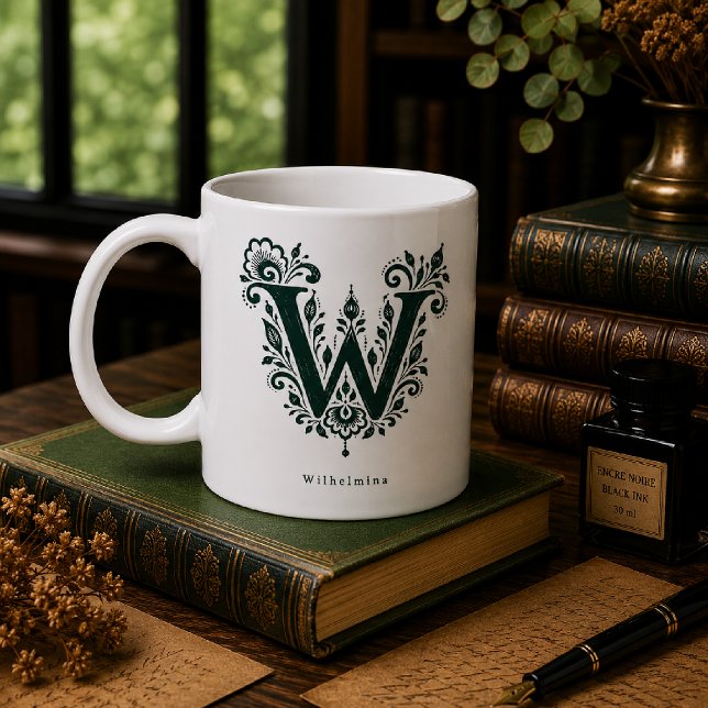 Letter W Linocut Botanical Personalized Mug (Creator Uploaded)