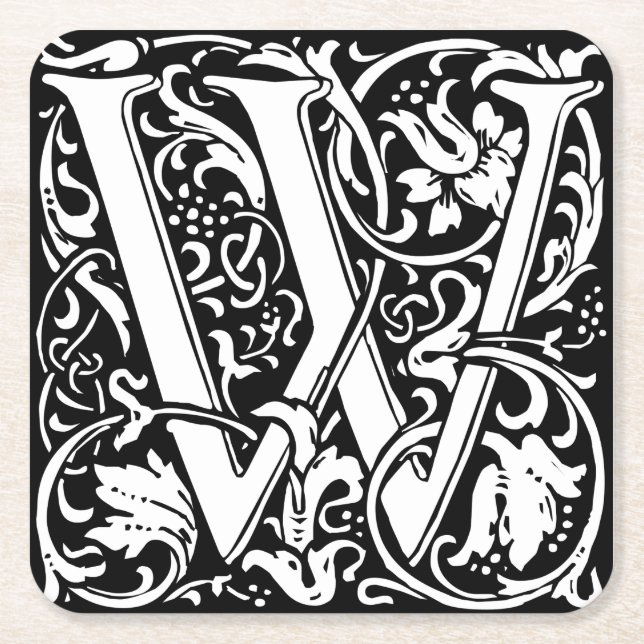 Letter W Medieval Monogram Art Nouveau Square Paper Coaster (Front)
