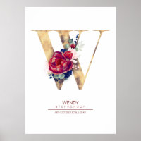Letter W Monogram Floral Navy Blue and Burgundy