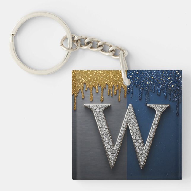 Letter W Monogram With Diamonds Pearls Keychain (Front)