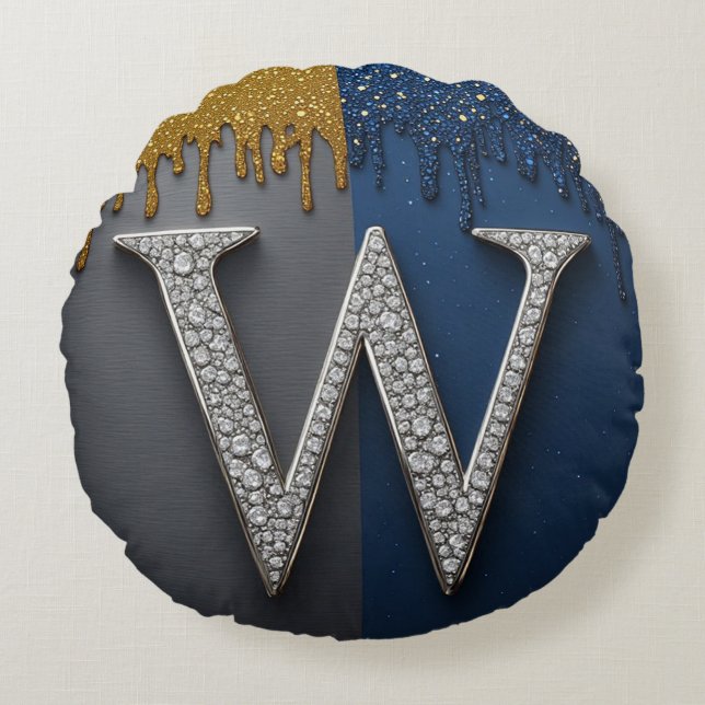 Letter W Monogram With Diamonds Pearls Round Pillow (Front)