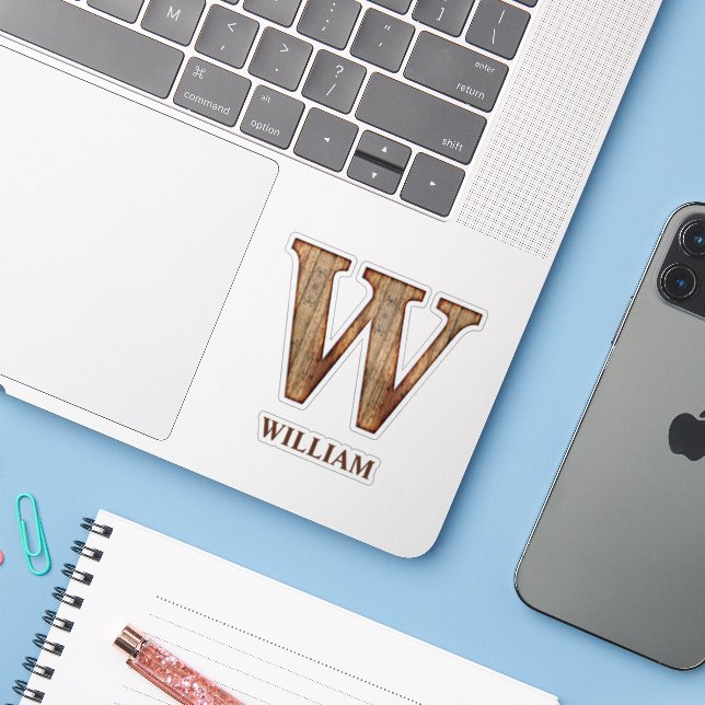 Letter W wood texture with custom name Sticker (Laptop w/ iPhone)