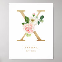 Letter X Blush Floral Monogram Gold Foil Nursery
