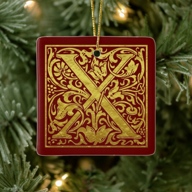 Letter X First Letter Faux Gold Red Ceramic Ornament (Tree)