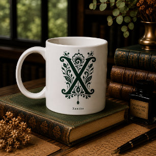 Letter X Linocut Botanical Personalized Mug
