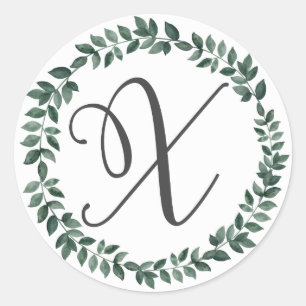 Letter X Monogram Minimalist Botanical Leaf Wreath Classic Round Sticker
