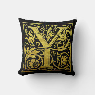 Letter Y First Letter Gold Black Throw Pillow