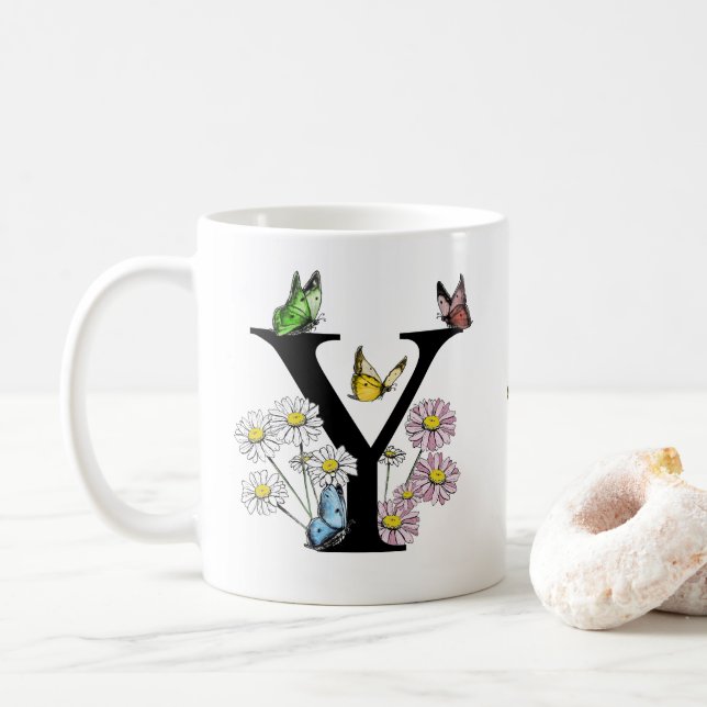 Letter Y Floral Butterfly Monogram Initial     Coffee Mug (With Donut)