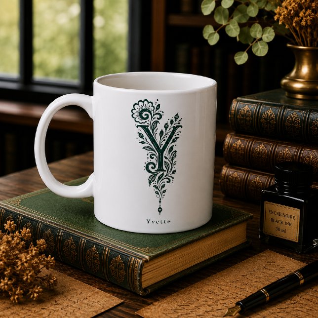 Letter Y Linocut Botanical Personalized Mug (Creator Uploaded)