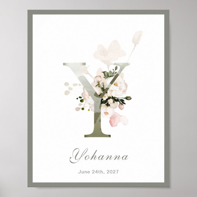 Letter Y Monogram Pink Floral Nursery Poster (Front)