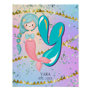 Letter Y Monogram Watercolor Cute Mermaid Nursery Poster