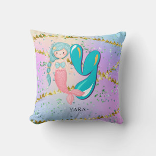 Letter Y Monogram Watercolor Cute Mermaid Nursery Throw Pillow
