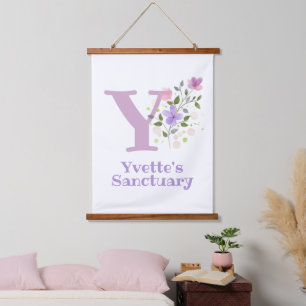 Letter Y plus First Name with a Floral Design Hanging Tapestry
