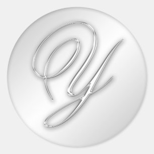 Letter Y script initial faux silver monogram favou Classic Round Sticker