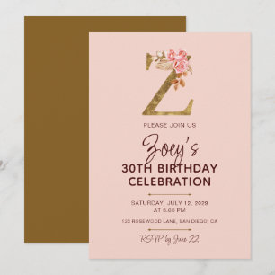 Letter Z Gold Monogram Blush Pink Roses Invitation