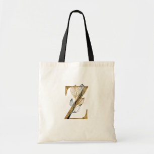*~* Letter Z Gold Monogram Initial Black Leaves Tote Bag