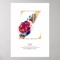 Letter Z Monogram Floral Navy Blue and Burgundy