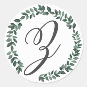 Letter Z Monogram Minimalist Botanical Leaf Wreath Classic Round Sticker